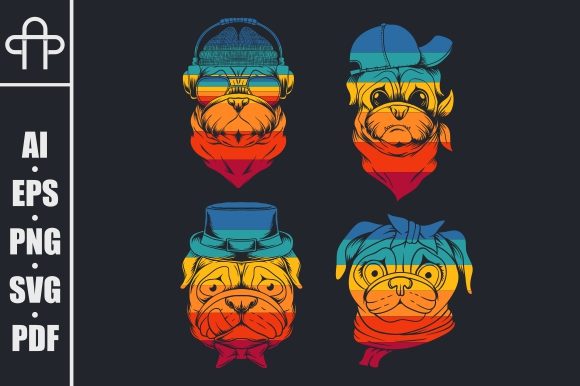 Pug Dog Head Collection Retro